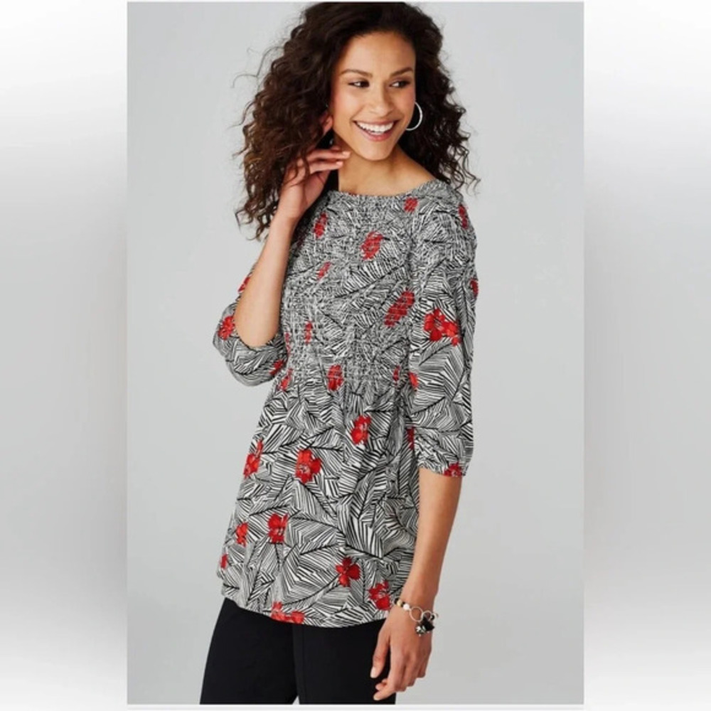J.Jill Smocked Peasant Style Top Smocked Black White Red Floral Size L - Picture 2 of 15